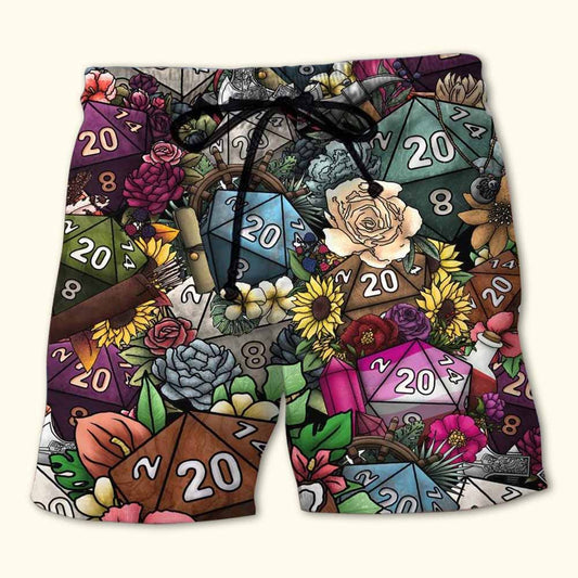 D20 Dice And Flowers Fantasy Beach Shorts Graphic Detail For Resort Trips And Casual Outings