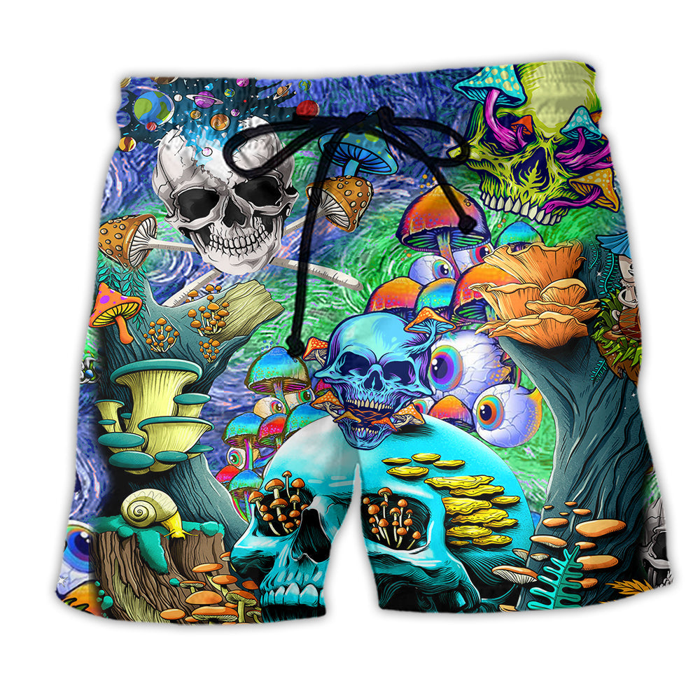 Hippie Skull Mushroom Colorful Beach Shorts Design Detail For Resort And Beach Day Style