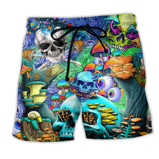 Hippie Skull Mushroom Colorful Beach Shorts Design Detail For Resort And Beach Day Style
