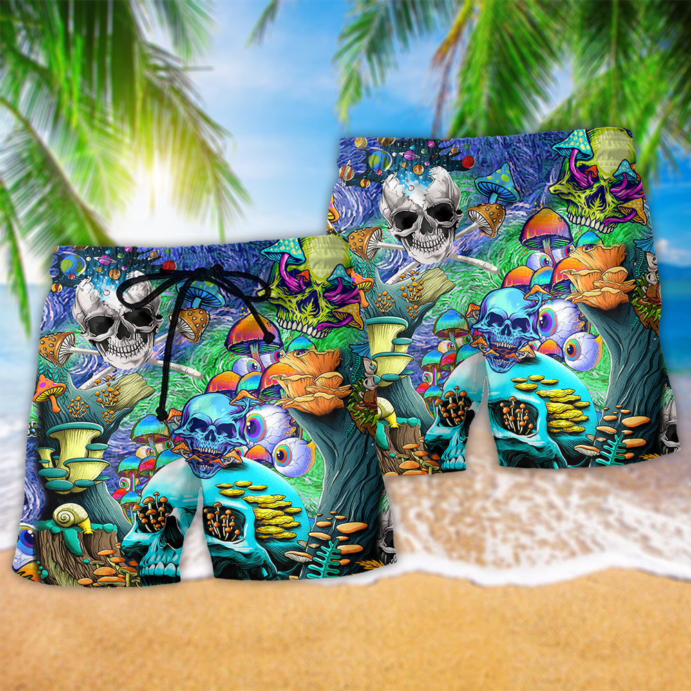 Hippie Mushroom Colorful Skull Beach Shorts Pattern Detail For Summer Travel And Comfortable Daily Use