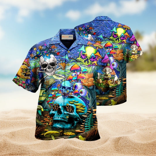 Bohemian Die Once Live Forever Skull Mushroom Hawaiian Shirt For Summer Vacation Beach Travel And Relaxed Casual Wear