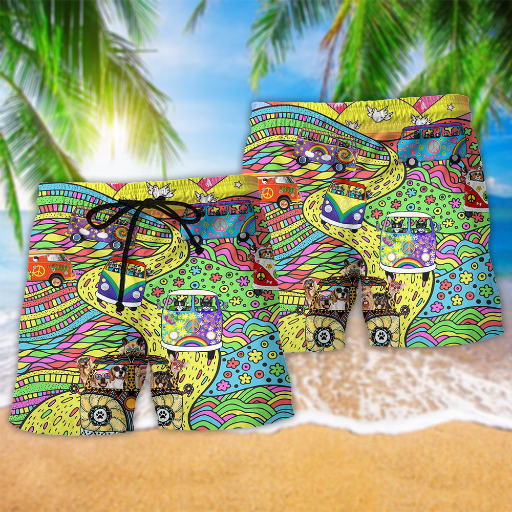 Bohemian Dog Cat Peace Beach Shorts Pattern Detail For Coastal Leisure And Bright Summer Outfits