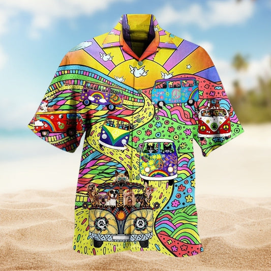 Hippie Dogs And Cats Colorful Hawaiian Shirt For Poolside Gathering And Travel Ready Style