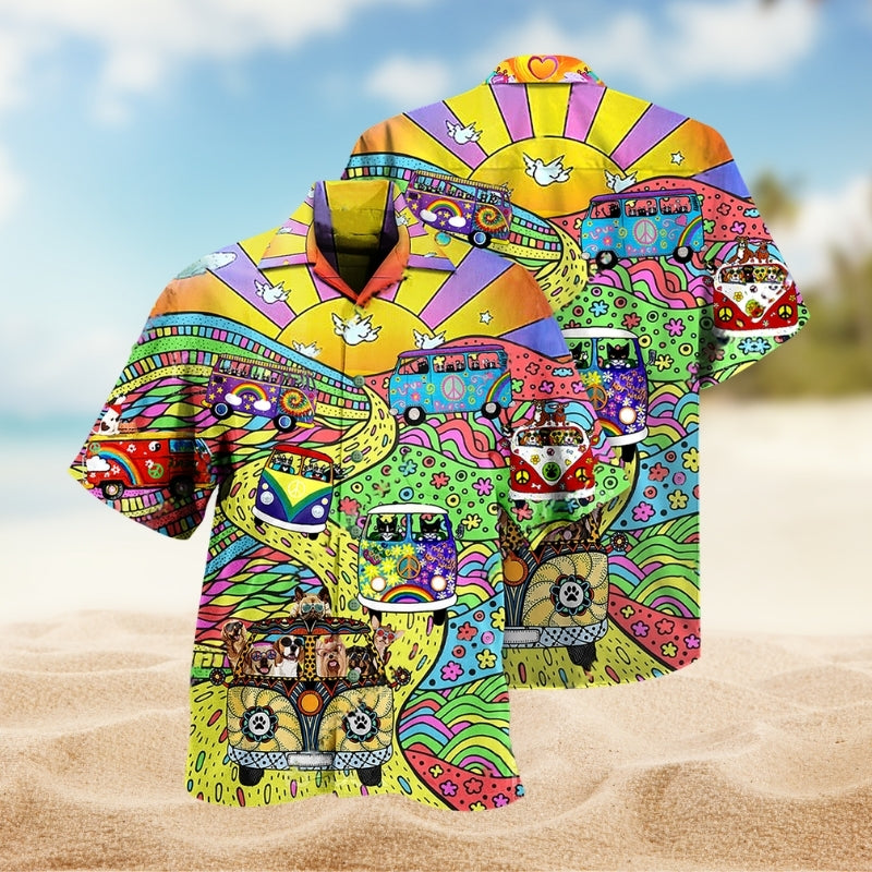 Hippie Dogs And Cats Colorful Hawaiian Shirt For Casual Weekend, Coastal Festival, And Easygoing Fashion