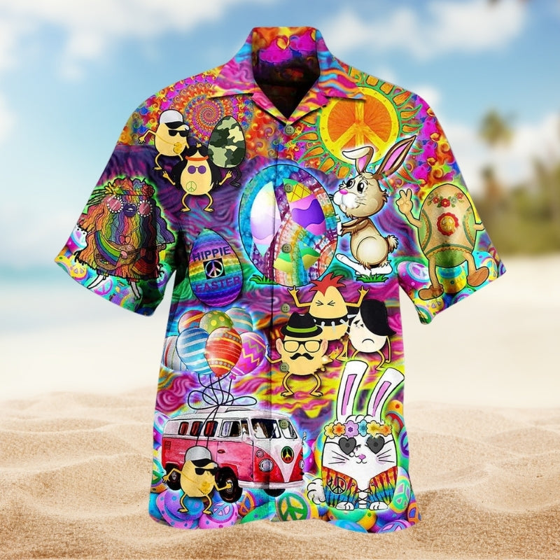 Hippie Easter Colorful Hawaiian Shirt For Casual Weekend, Tropical Holiday, And Travel Ready Style