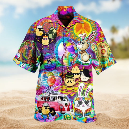 Hippie Easter Colorful Hawaiian Shirt For Casual Weekend, Tropical Holiday, And Travel Ready Style