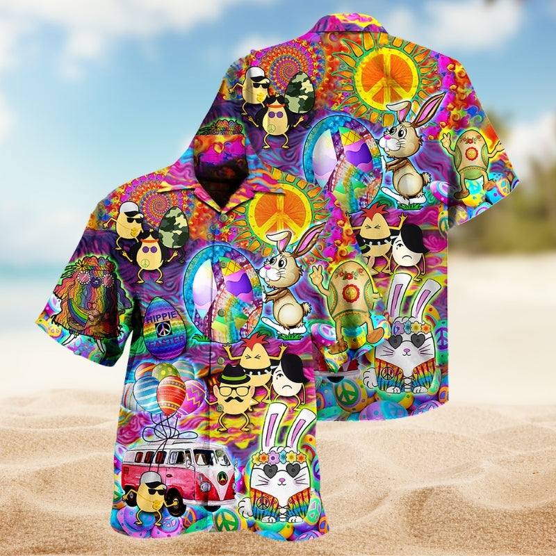 Hippie Easter Colorful Hawaiian Shirt For Beach Travel And Beachside Style