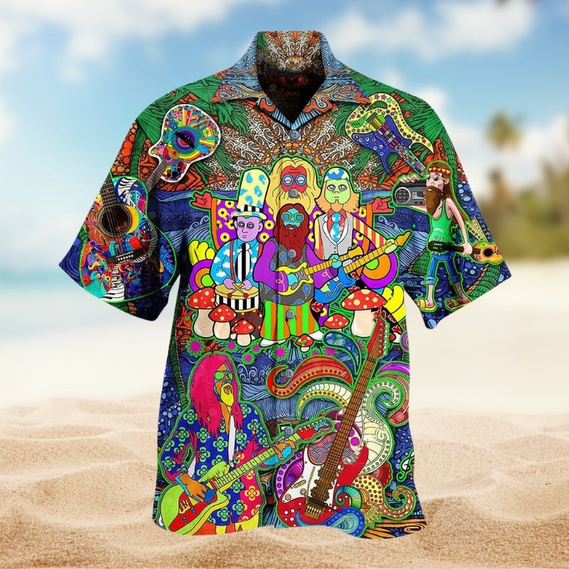 Hippie Electric Guitar Peace And Music Colorful Hawaiian Shirt For Coastal Festival And Vacation Outfit
