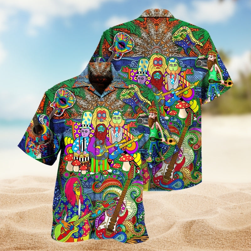 Hippie Electric Guitar Peace And Music Colorful Hawaiian Shirt For Summer Road Trip And Outdoor Comfort