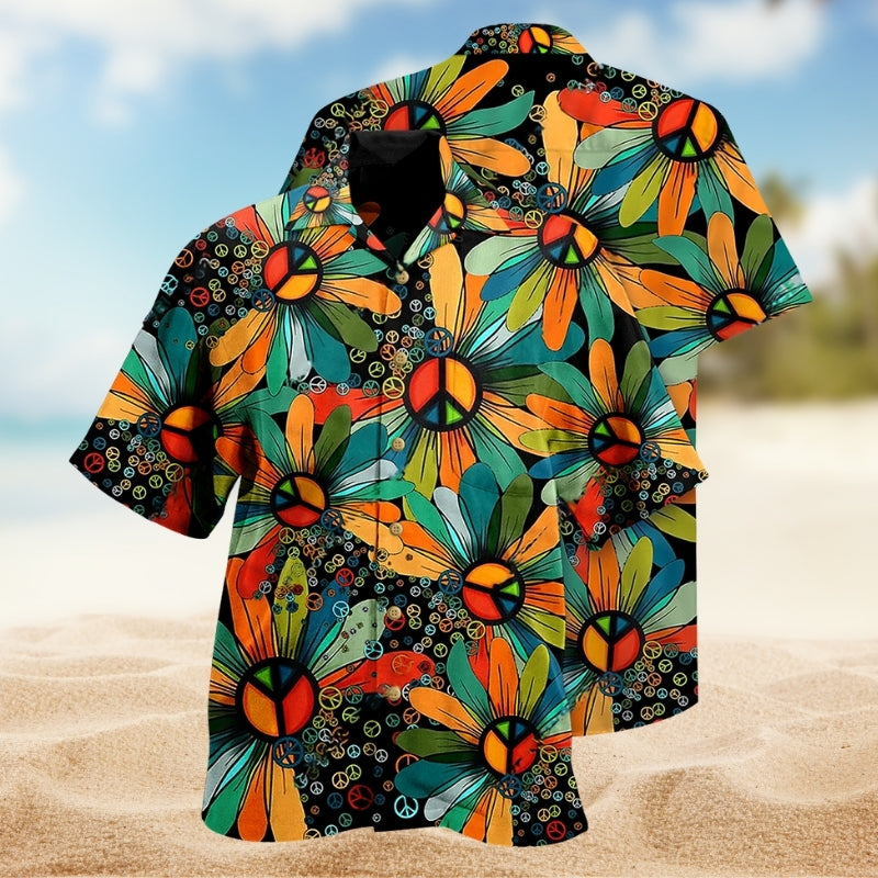 Hippie Flower Peace Psychedelic Art Hawaiian Shirt For Beachside Event And Vacation Outfit