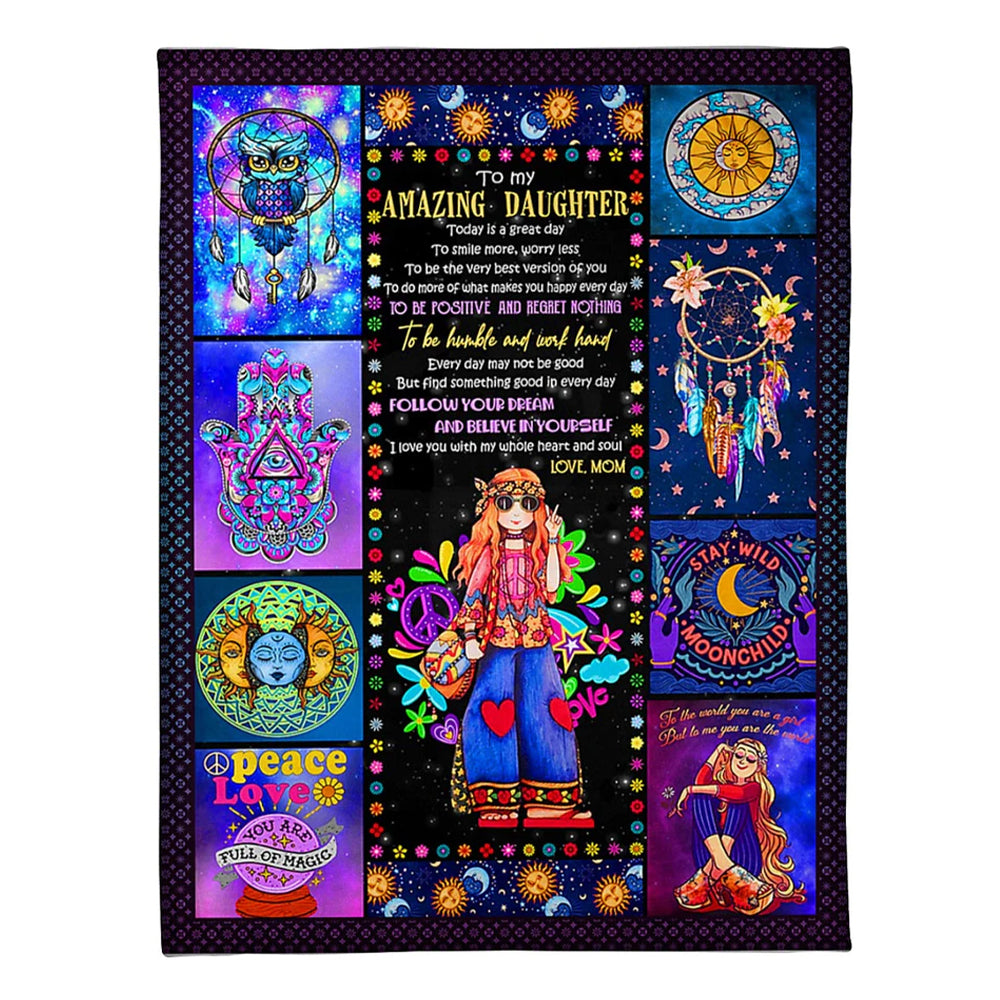 Hippie Girl Follow Your Dream Daughter Gift Flannel Blanket For Cozy Bedroom Sofa Decor