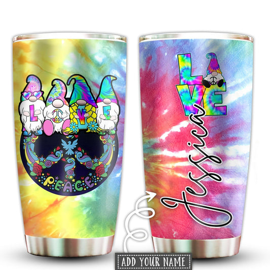 Hippie Love Colorful Peace Gnome Personalized 20 Oz Tumbler For Coffee Travel And Daily Drinks