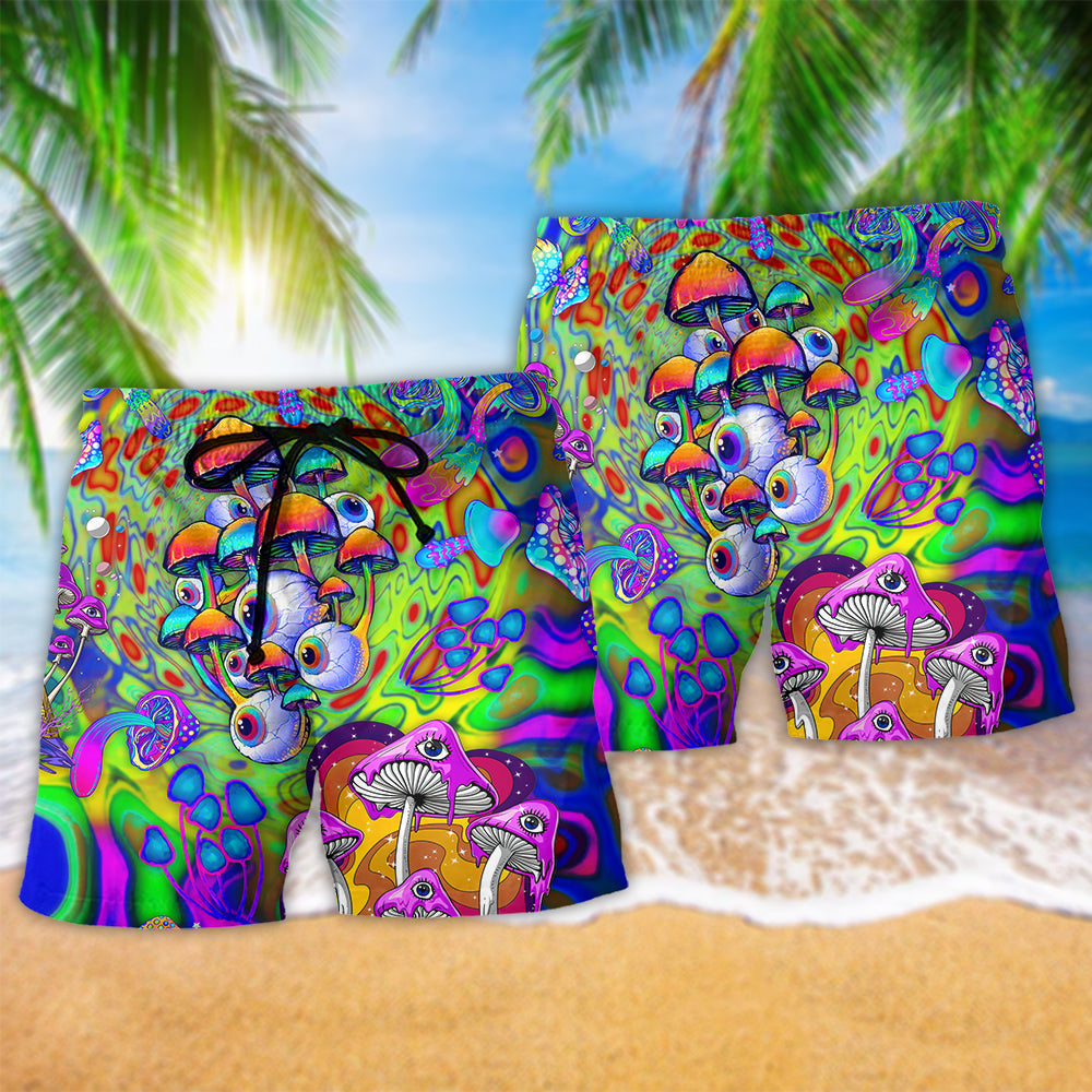 Hippie Mushroom Eyes Color Style Hawaiian Print Beach Shorts For Summer Vacation And Coastal Travel