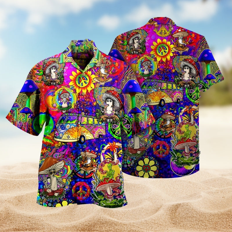 Hippie Mushroom Peace Psychedelic Art Hawaiian Shirt For Beach Travel, Cruise Journey, And Thoughtful Gifting