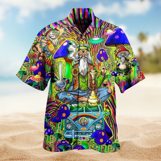 Hippie Mushroom Peace Psychedelic Art Hawaiian Shirt For Casual Weekend And Summer Party Style