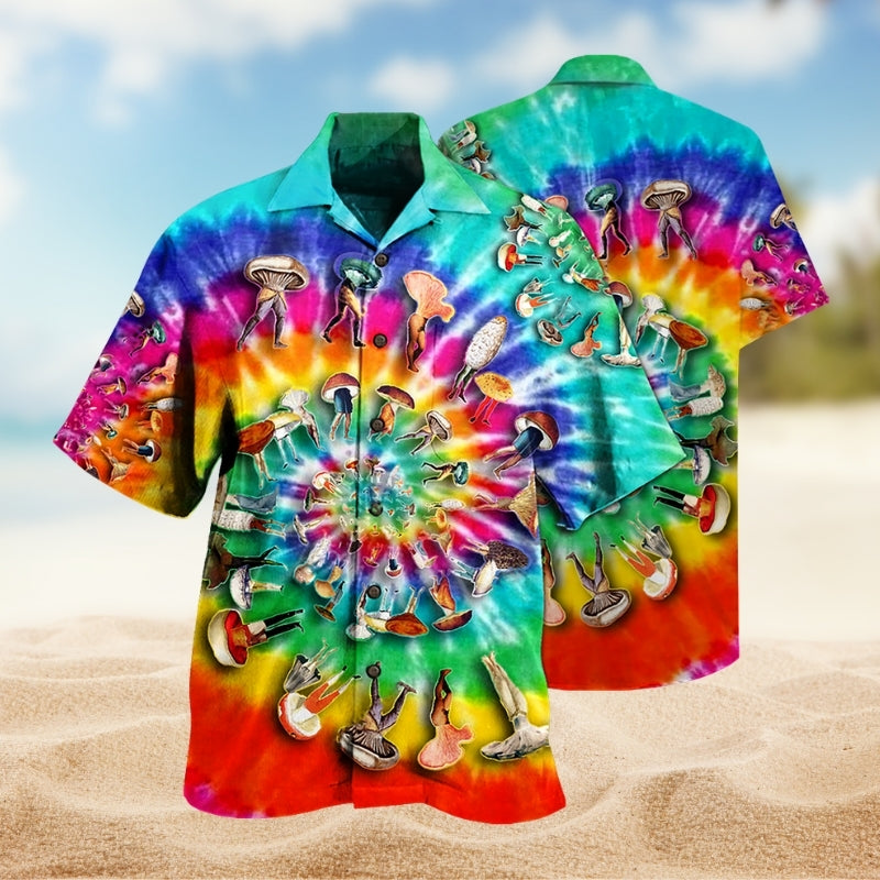 Hippie Mushroom Colorful Hawaiian Shirt For Relaxed Getaway, Beachside Event, And Comfortable Travel Wear