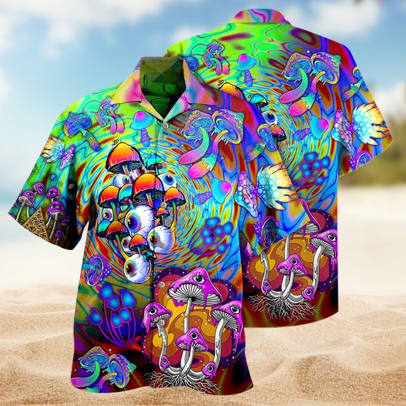 Hippie Mushroom Colorful Hawaiian Shirt For Family Vacation, Summer Gathering, And Travel Ready Style