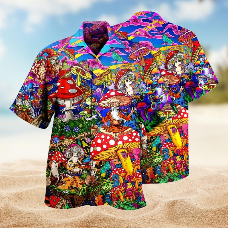 Hippie Mushroom Colorful Hawaiian Shirt For Summer Gathering And Weekend Wear