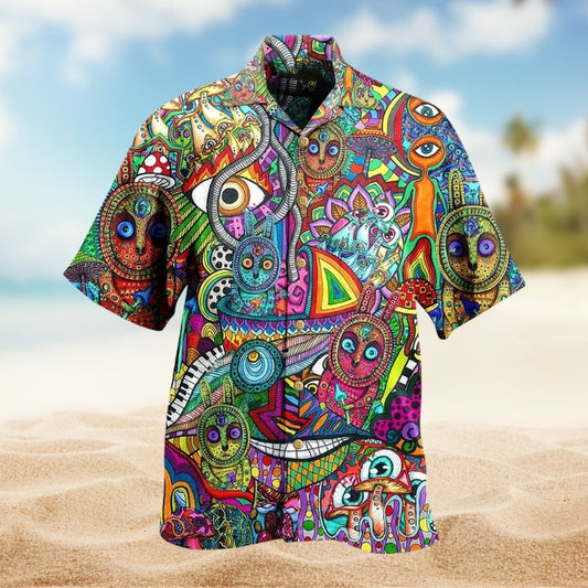Hippie Mushroom Colorful Hawaiian Shirt For Resort Holiday And Casual Wear