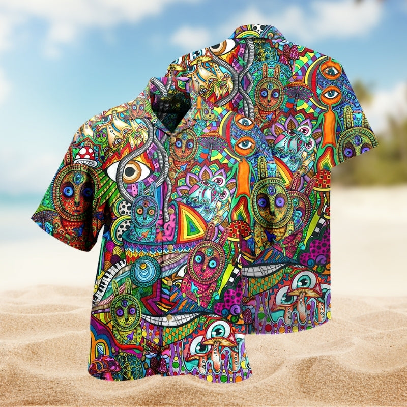 Hippie Mushroom Colorful Hawaiian Shirt For Summer Road Trip, Resort Holiday, And Weekend Wear