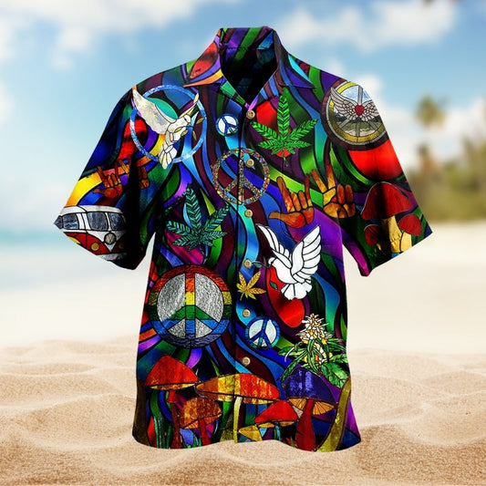 Hippie Mushroom Pigeon Colorful Hawaiian Shirt For Beachside Event, Coastal Festival, And Island Inspired Style