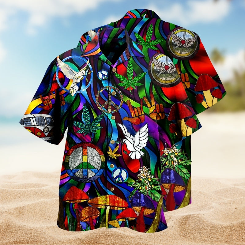 Hippie Mushroom Pigeon Colorful Hawaiian Shirt For Resort Escape, Tropical Holiday, And Comfortable Travel Wear
