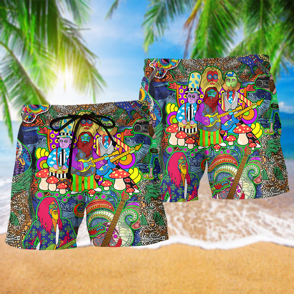 Hippie Guitar Peace Colorful Beach Shorts Design Detail For Concert Inspired Vacation Wear