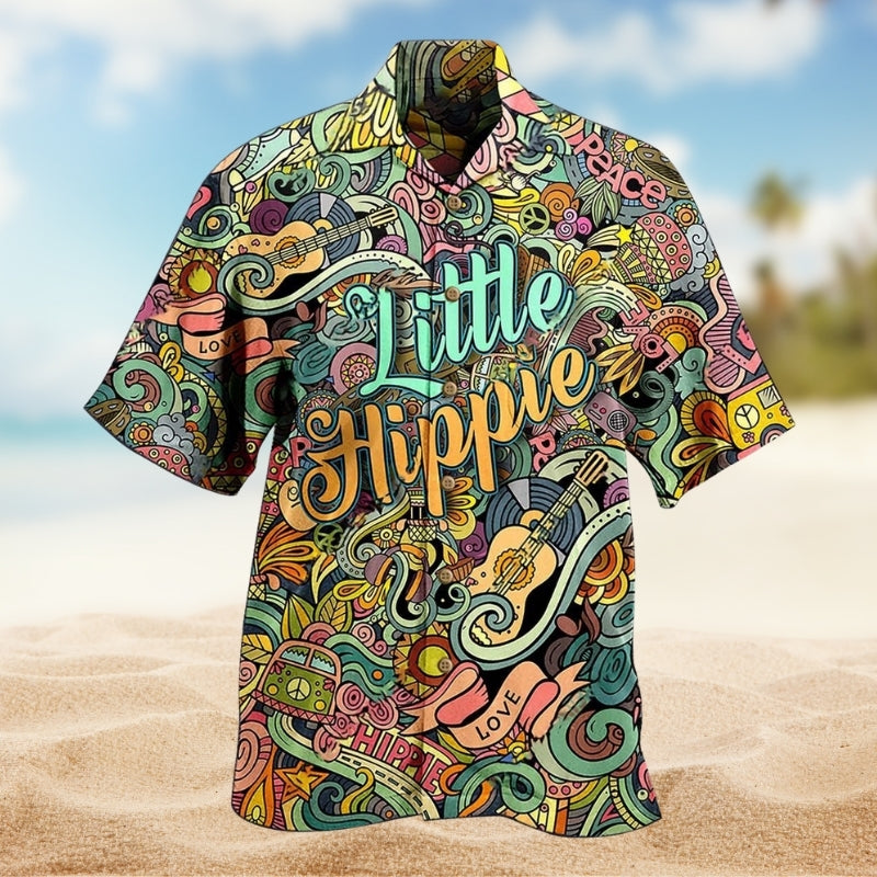 Hippie Music Guitar Peace Psychedelic Art Hawaiian Shirt For Tropical Holiday, Warm Weather Outing, And Coastal Style