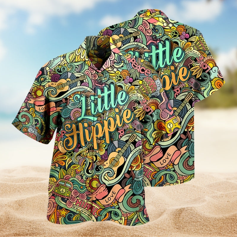Hippie Music Guitar Peace Psychedelic Art Hawaiian Shirt For Summer Vacation, Resort Escape, And Seasonal Wardrobe