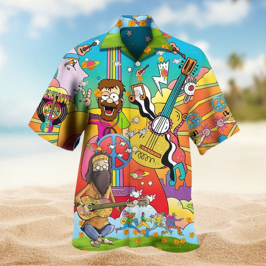 Hippie Music Guitar Colorful Hawaiian Shirt For Summer Gathering And Coastal Style