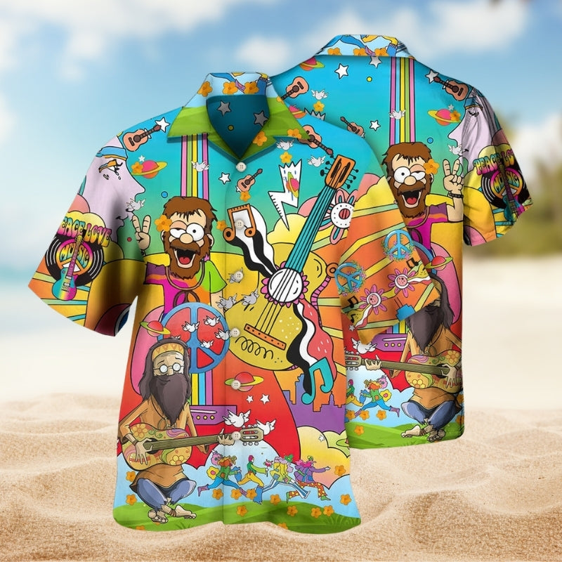 Hippie Music Guitar Colorful Hawaiian Shirt For Summer Vacation, Resort Escape, And Seasonal Wardrobe