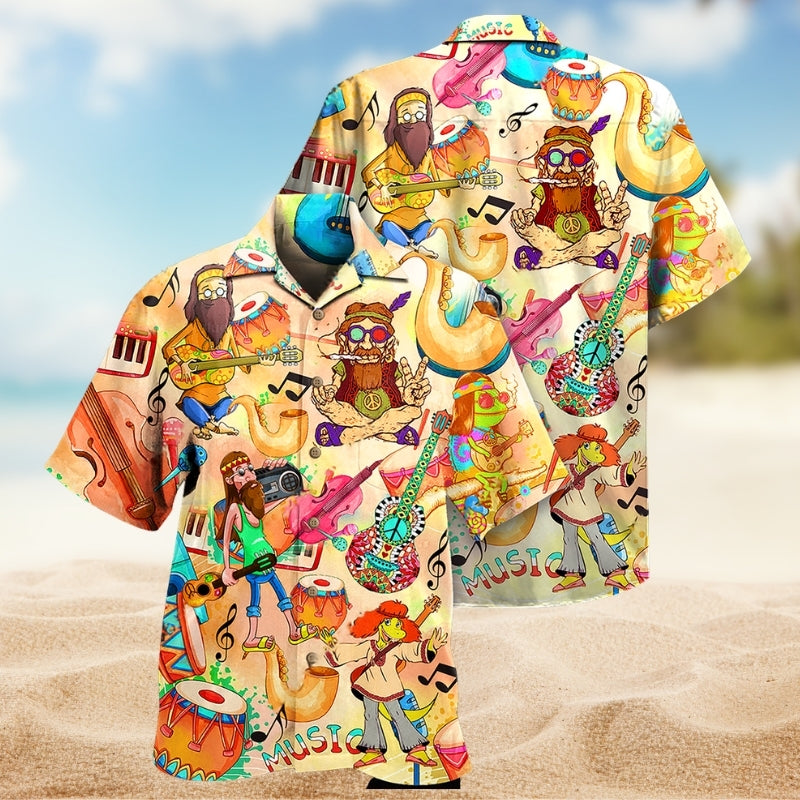 Hippie Music Peace Psychedelic Art Hawaiian Shirt For Cruise Journey, Beach Party, And Vacation Outfit