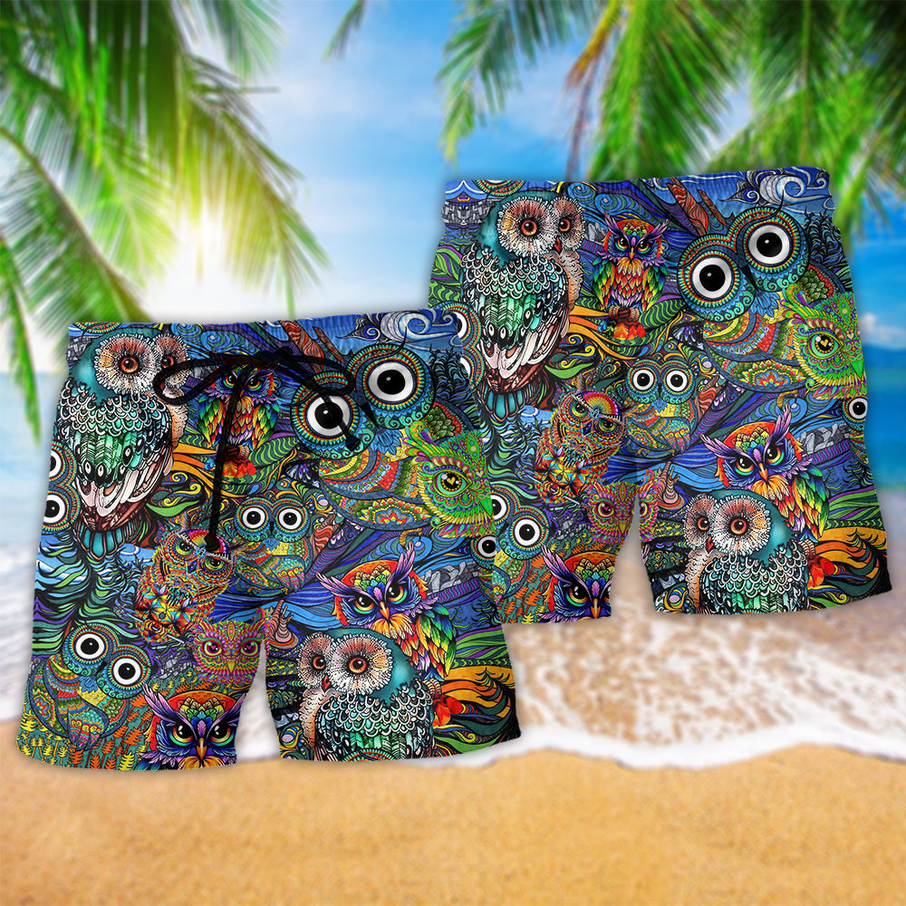 Bohemian Owl Peaceful Color Beach Shorts Pattern Detail For Seaside Leisure And Flexible Everyday Wear