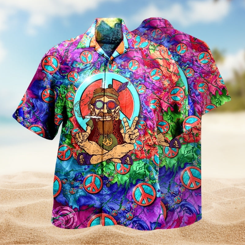Hippie Peace Psychedelic Art Hawaiian Shirt For Warm Weather Outing, Summer Gathering, And Coastal Style