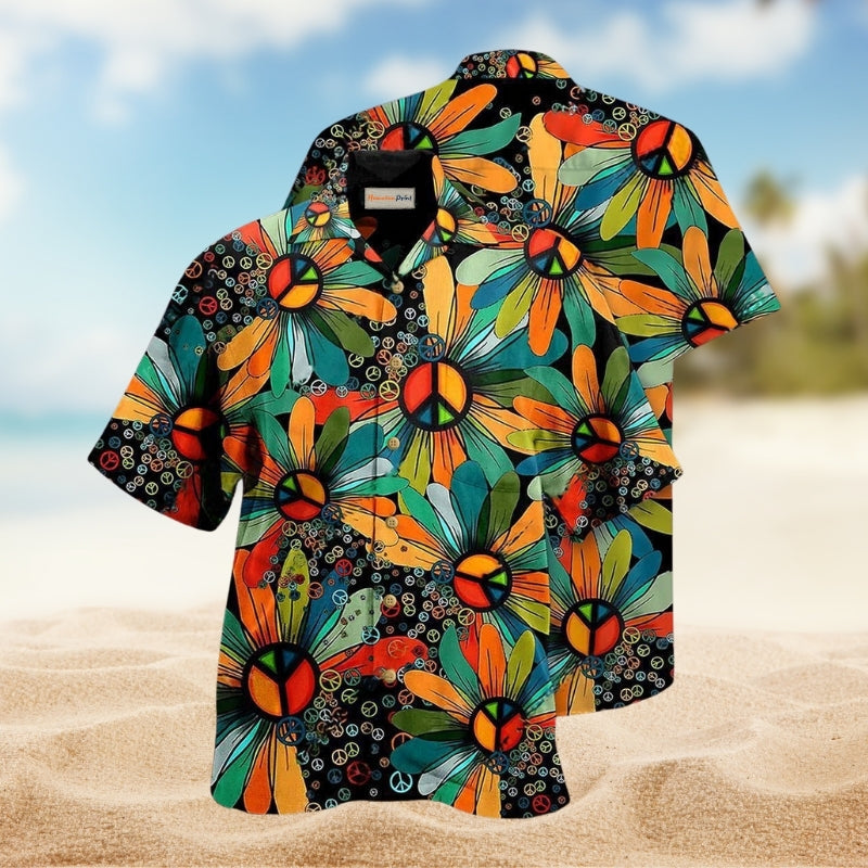 Bohemian Peace Flowers Style Hawaiian Shirt For Summer Vacation Beach Travel And Relaxed Casual Wear