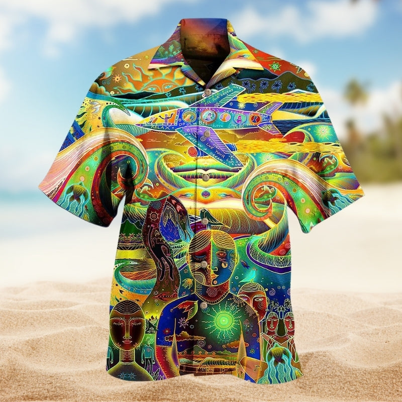 Hippie Colorful Hawaiian Shirt For Island Getaway, Weekend Escape, And Beachside Style