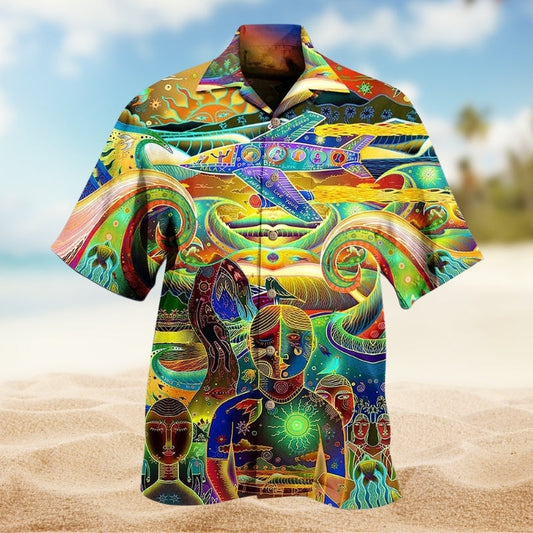 Hippie Colorful Hawaiian Shirt For Island Getaway, Weekend Escape, And Beachside Style
