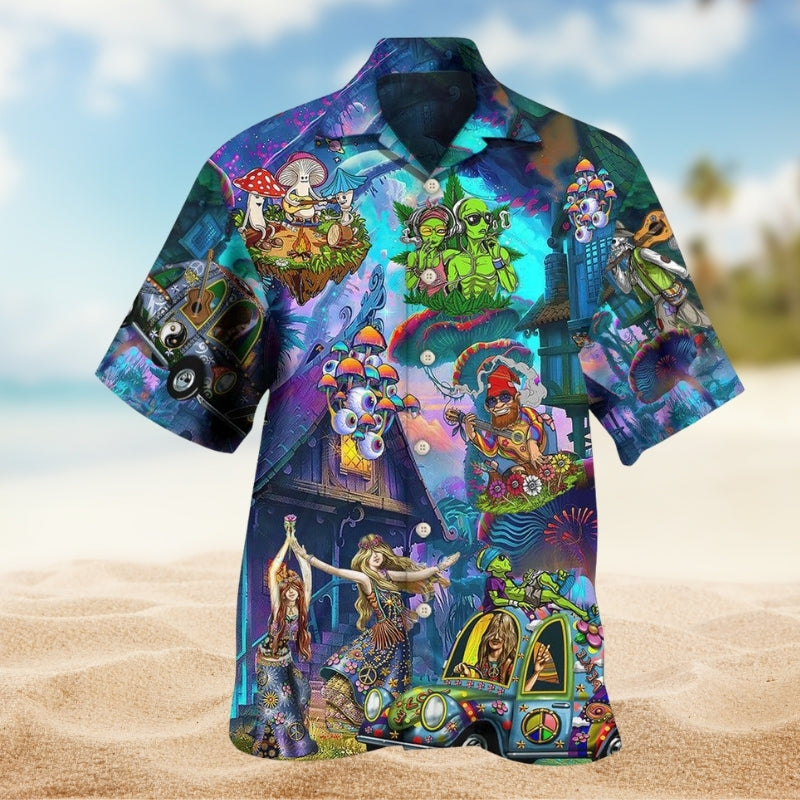 Hippie Peace Hawaiian Shirt For Warm Weather Outing, Weekend Escape, And Summer Event Style