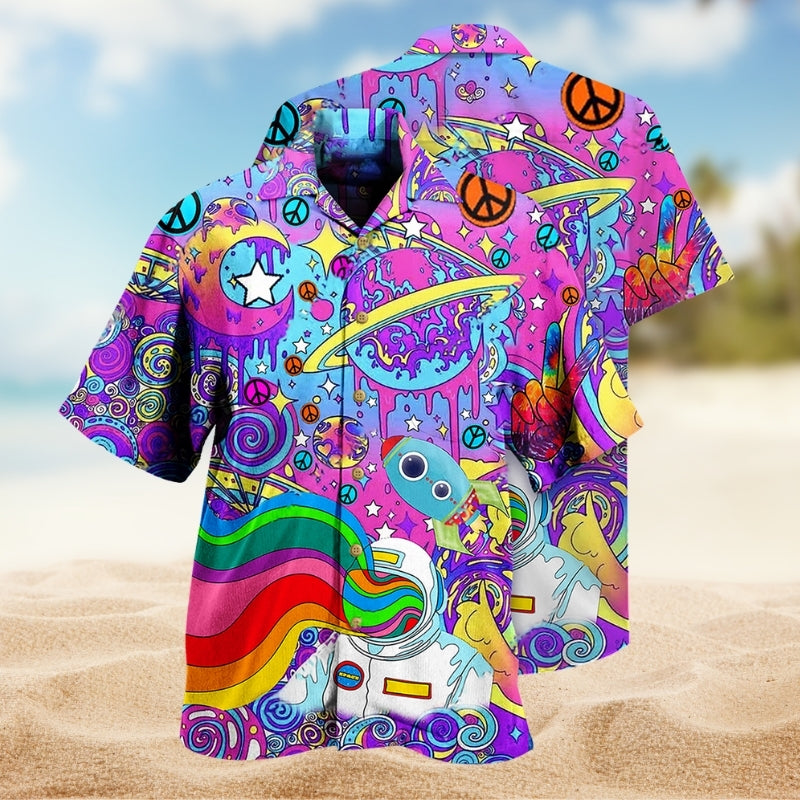 Hippie Planet Peace Psychedelic Art Hawaiian Shirt For Summer Vacation, Weekend Escape, And Seasonal Wardrobe