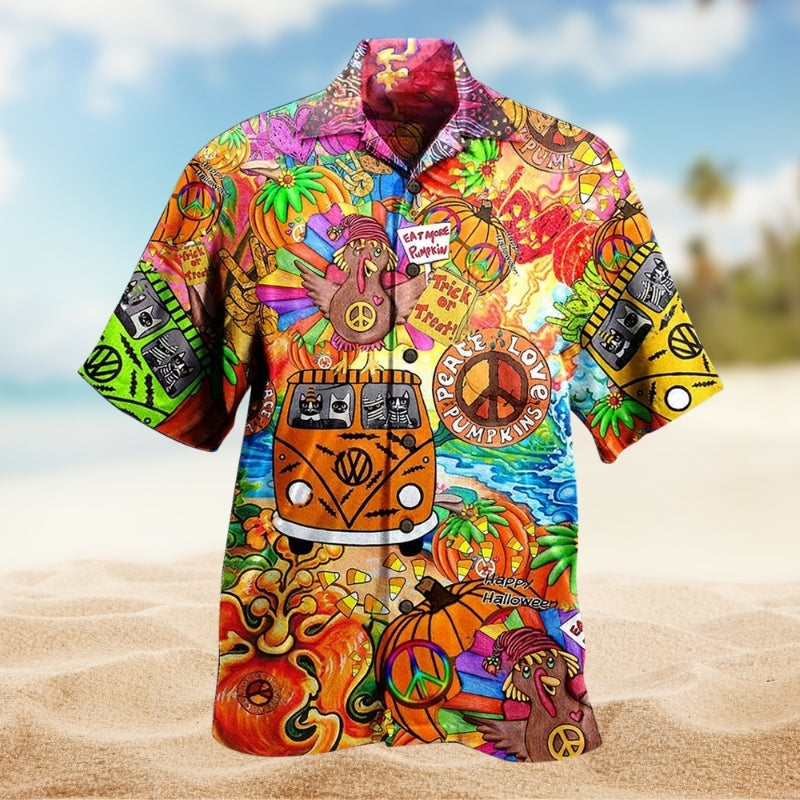 Hippie Pumpkin Colorful Hawaiian Shirt For Poolside Gathering And Coastal Casual Wear