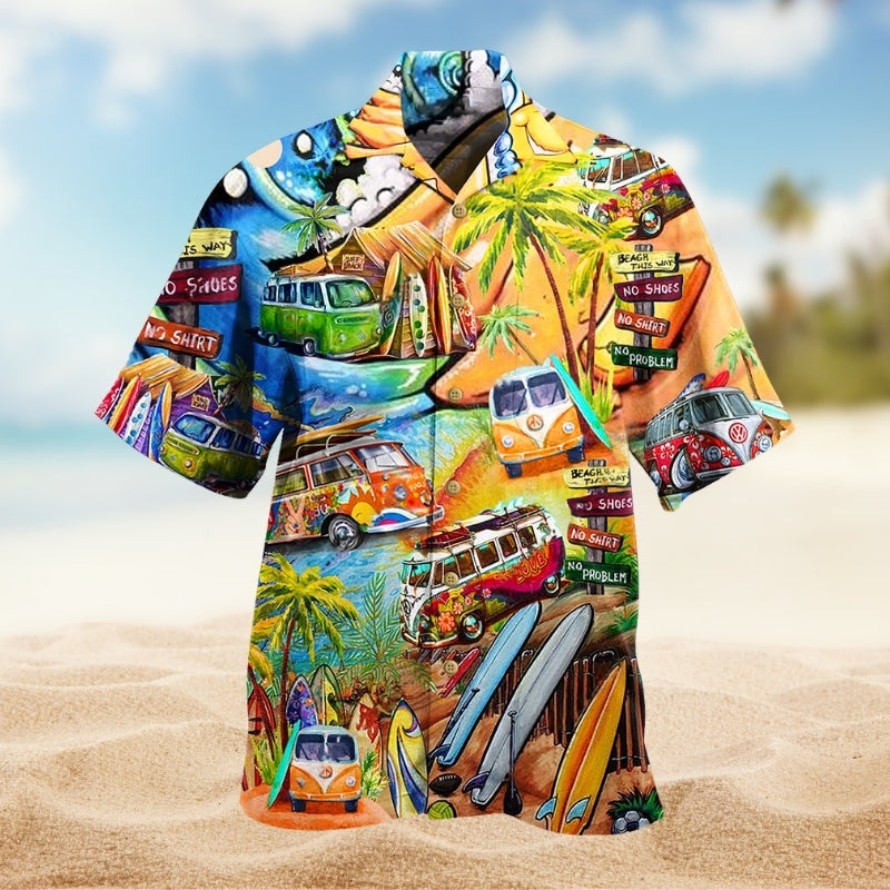 Hippie Retro Bus Colorful Hawaiian Shirt For Casual Weekend, Tropical Holiday, And Travel Ready Style