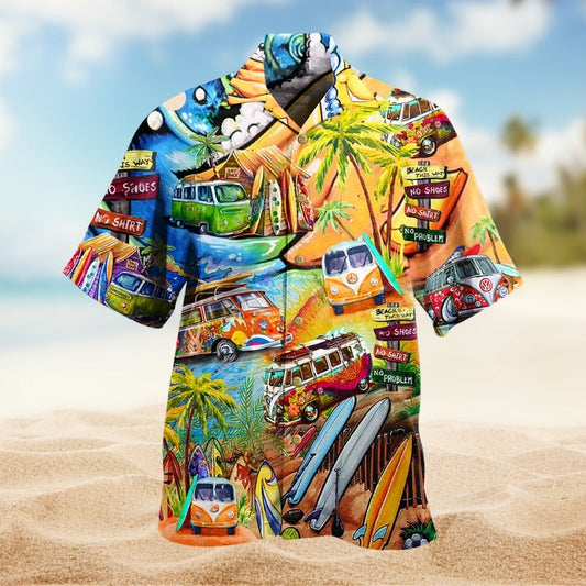 Hippie Retro Bus Colorful Hawaiian Shirt For Casual Weekend, Tropical Holiday, And Travel Ready Style