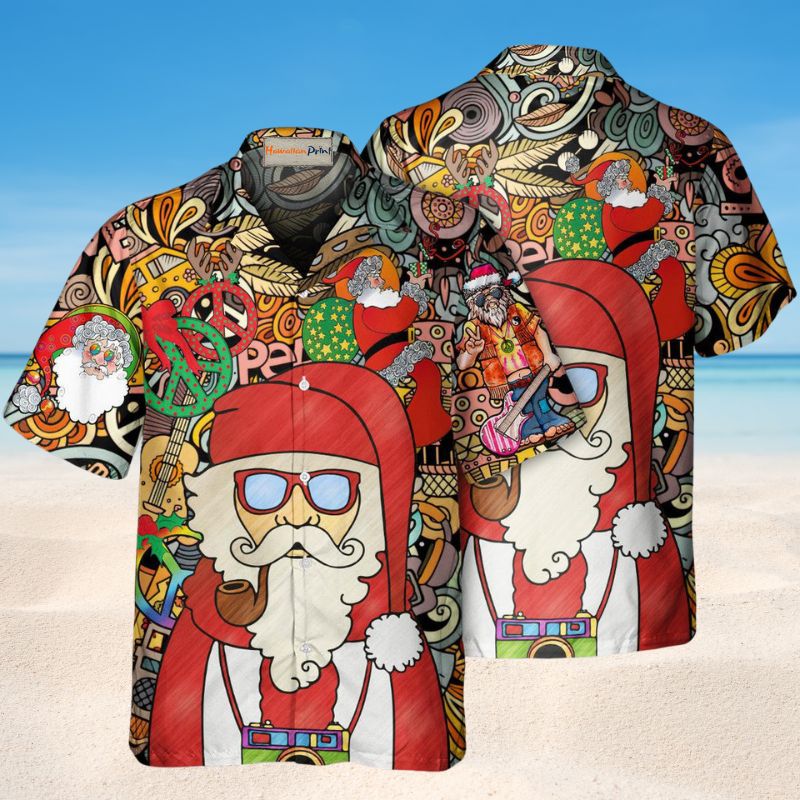 Hippie Santa Christmas Hawaiian Shirt For Coastal Travel, Casual Events, And Comfortable Summer Wear