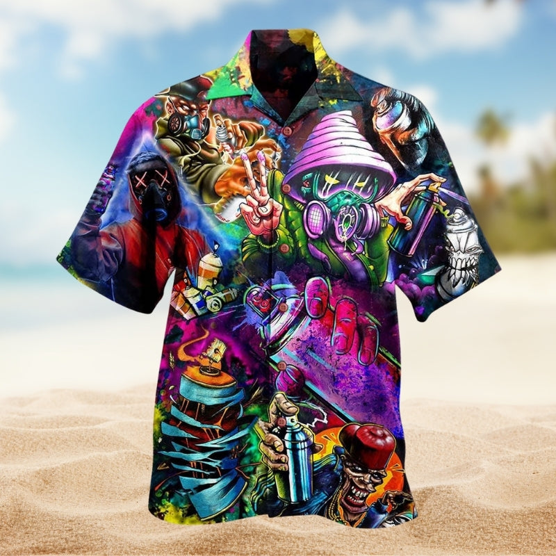 Hippie Creative Pattern Hawaiian Shirt For Summer Vacation, Beach Travel, And Casual Wear