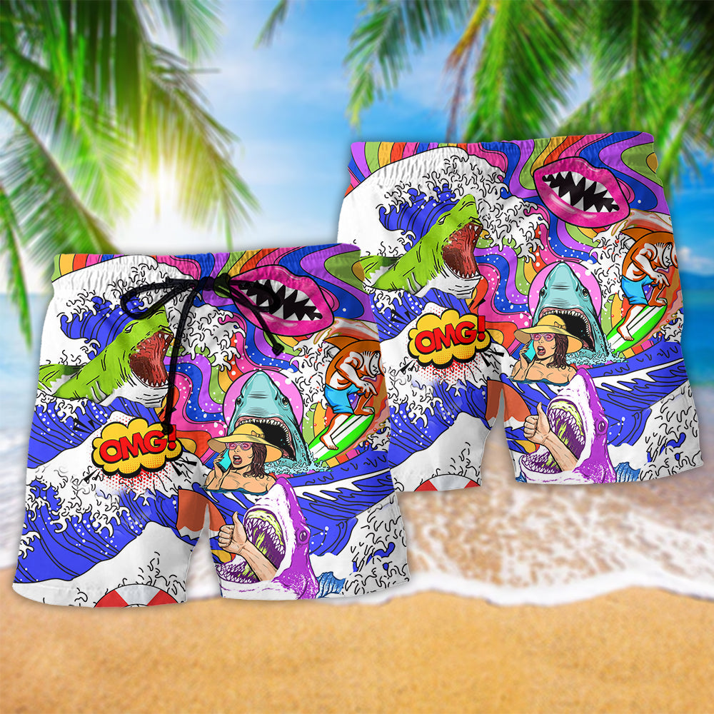Bohemian Shark Girl Colorful Beach Shorts Pattern Detail For Summer Adventures And Weekend Casual Style