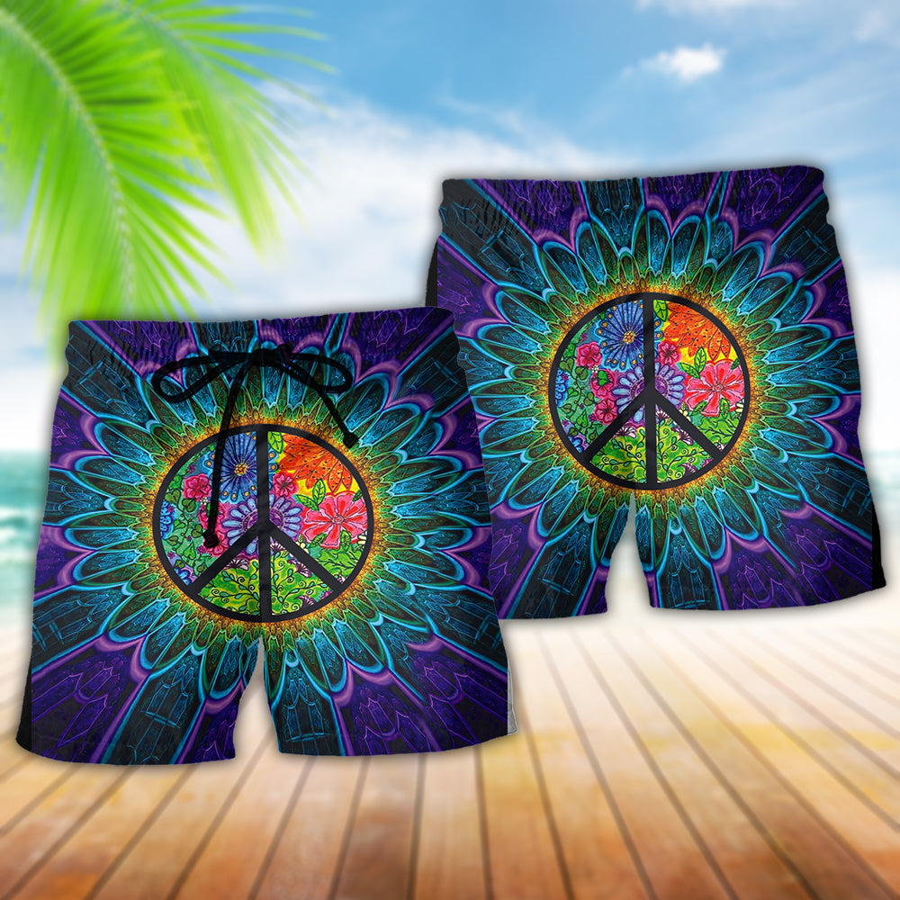 Hippie Peace Symbol Purple Beach Shorts Artwork View For Seaside Trips And Casual Style