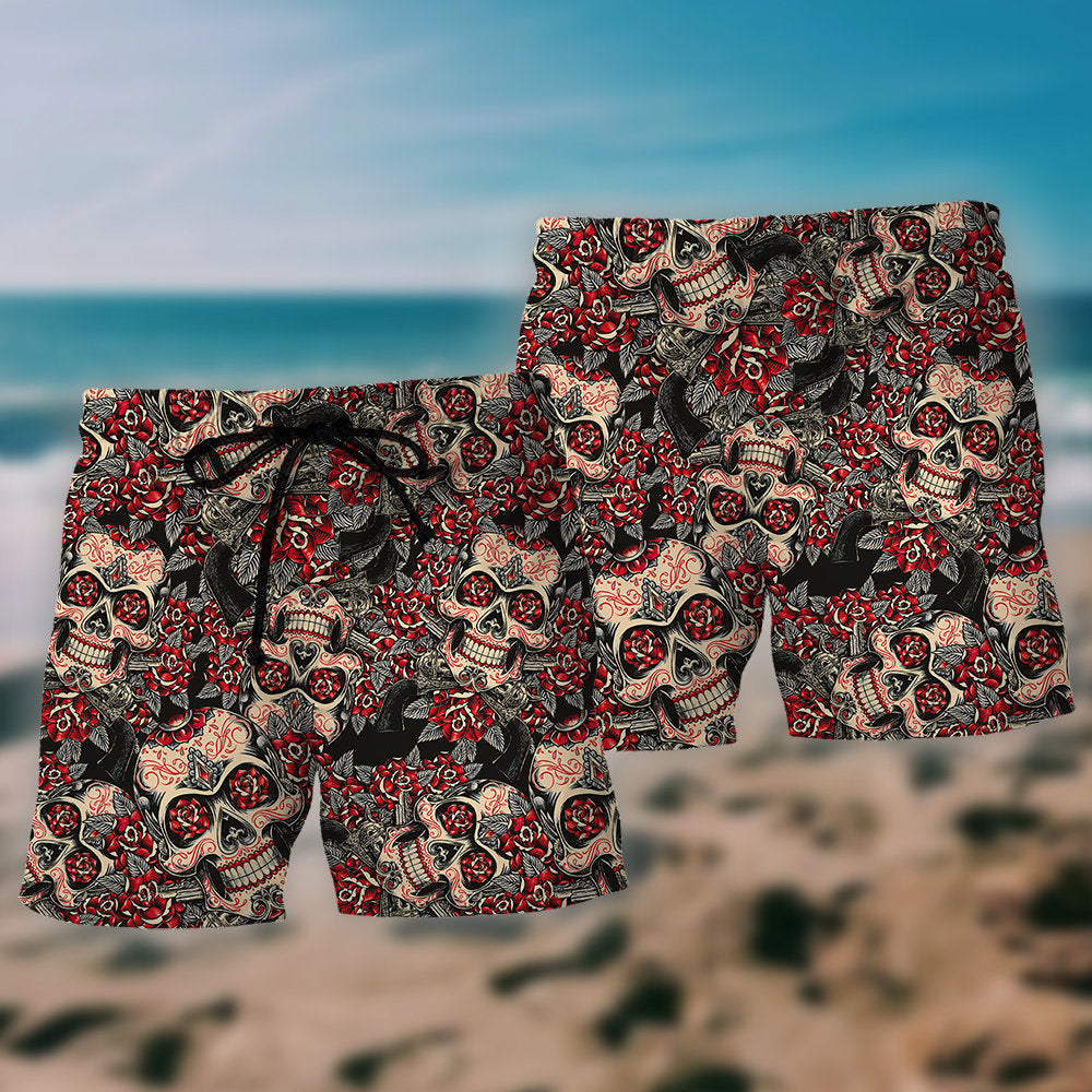 Red Floral Sugar Skull Beach Shorts For Beach Trips And Relaxed Vacation Styling