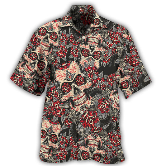 Creative Floral Sugar Skull Design Hawaiian Shirt For Island Vacations, Resort Wear, And Relaxed Seasonal Style
