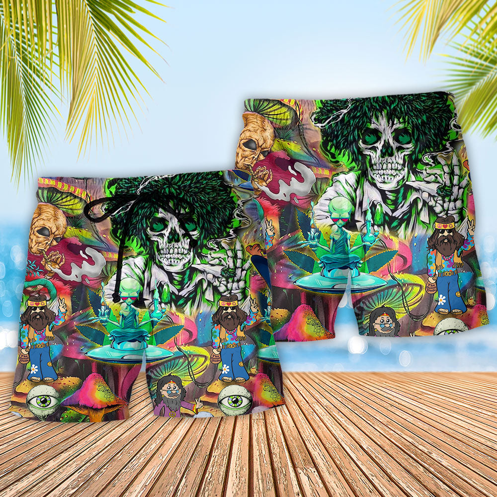 Bohemian Skull Alien Color Mix Beach Shorts Pattern Detail For Casual Summer Plans And Easygoing Coastal Style
