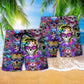 Hippie Skull Color Flowers Hawaiian Print Beach Shorts For Beach Days And Resort Travel